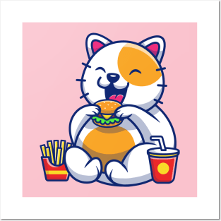 Cute Fat Cat Eating Burger Cartoon Posters and Art